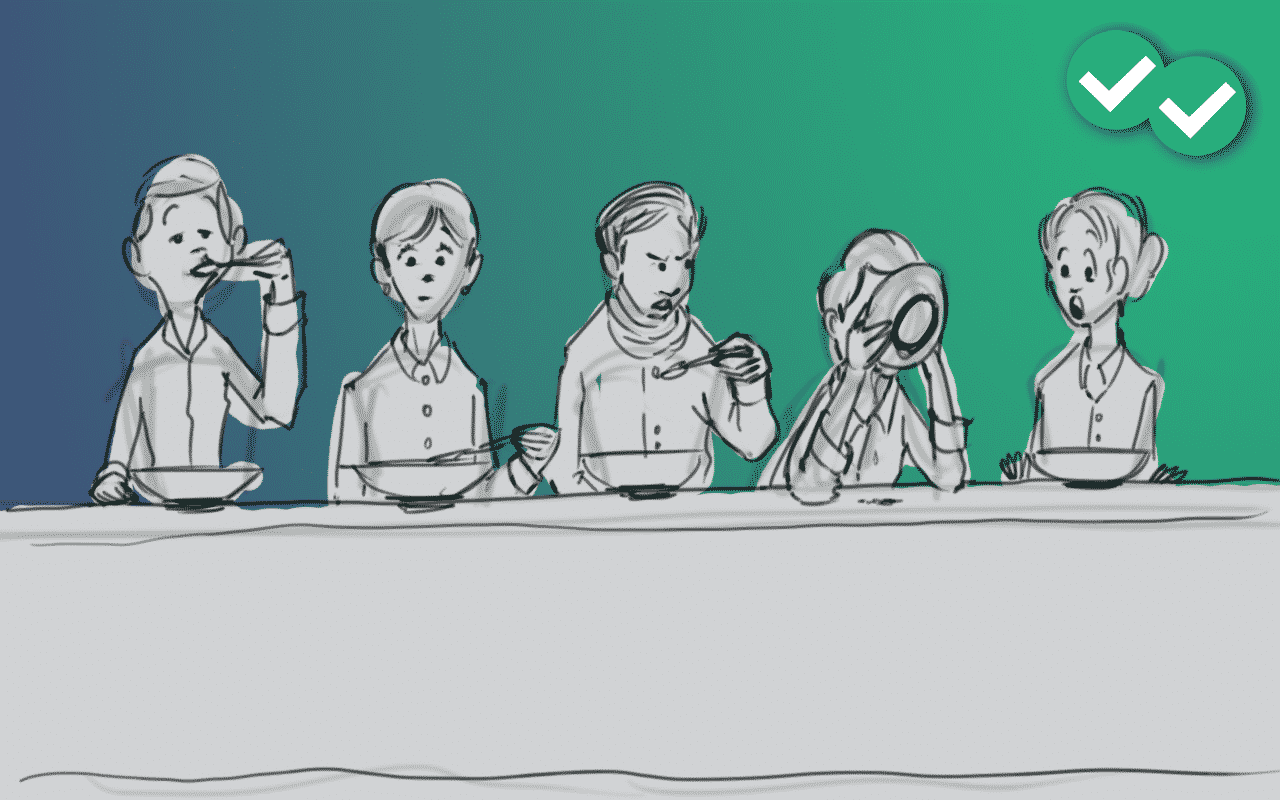 Illustration of a group of people eating and one person stuffing their face in the plate, representing a faux pa or social mistake