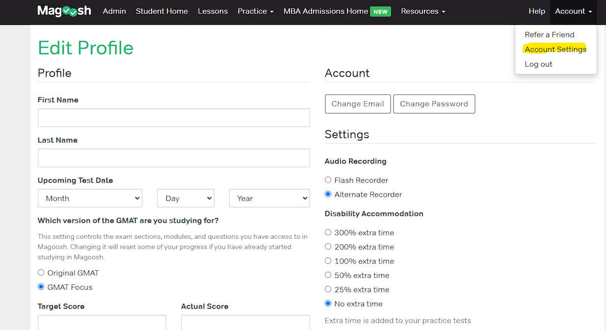 Account settings button on top right under account