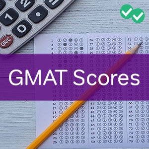 Picture of a standardized test answer sheet with the text "GMAT Scores" across it.