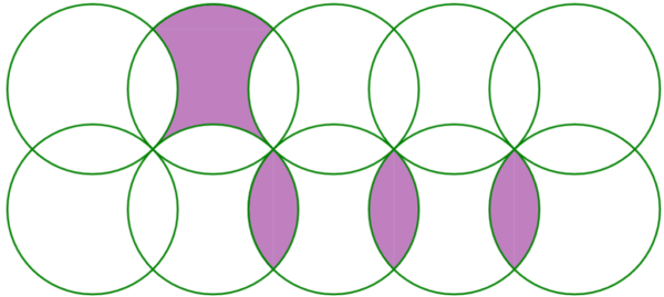 Ten circles arranged in a pattern with some parts shaded