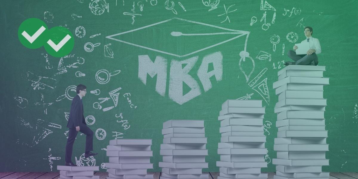 MBA on blackboard with students walking up stacks of books