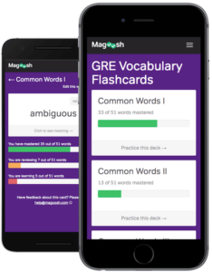 Two phones displaying examples of Magoosh GRE vocabulary flashcards