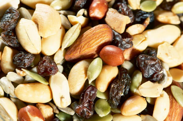 Close-up of dried fruit and assorted nuts