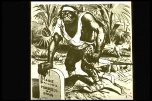 Political cartoon of an ape holding a tomb