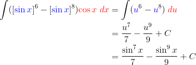 Solution to example. (sin^7 x) / 7 - (sin^9 x) / 9 + C