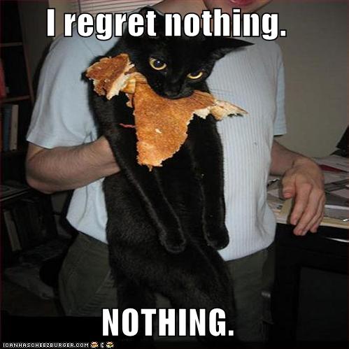 Meme of a black cat caught while biting food