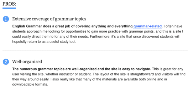 screenshot of positive reviews of english grammar