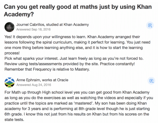 screenshot of positive reviews of khan academy