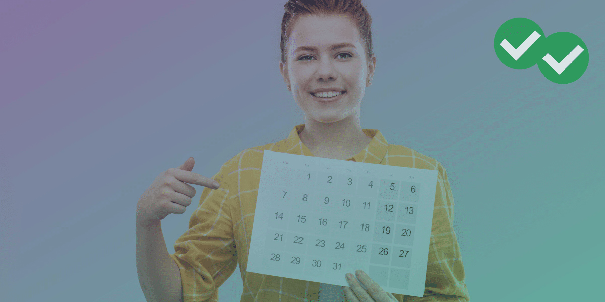 smiling girl pointing to calendar representing act one month study plan