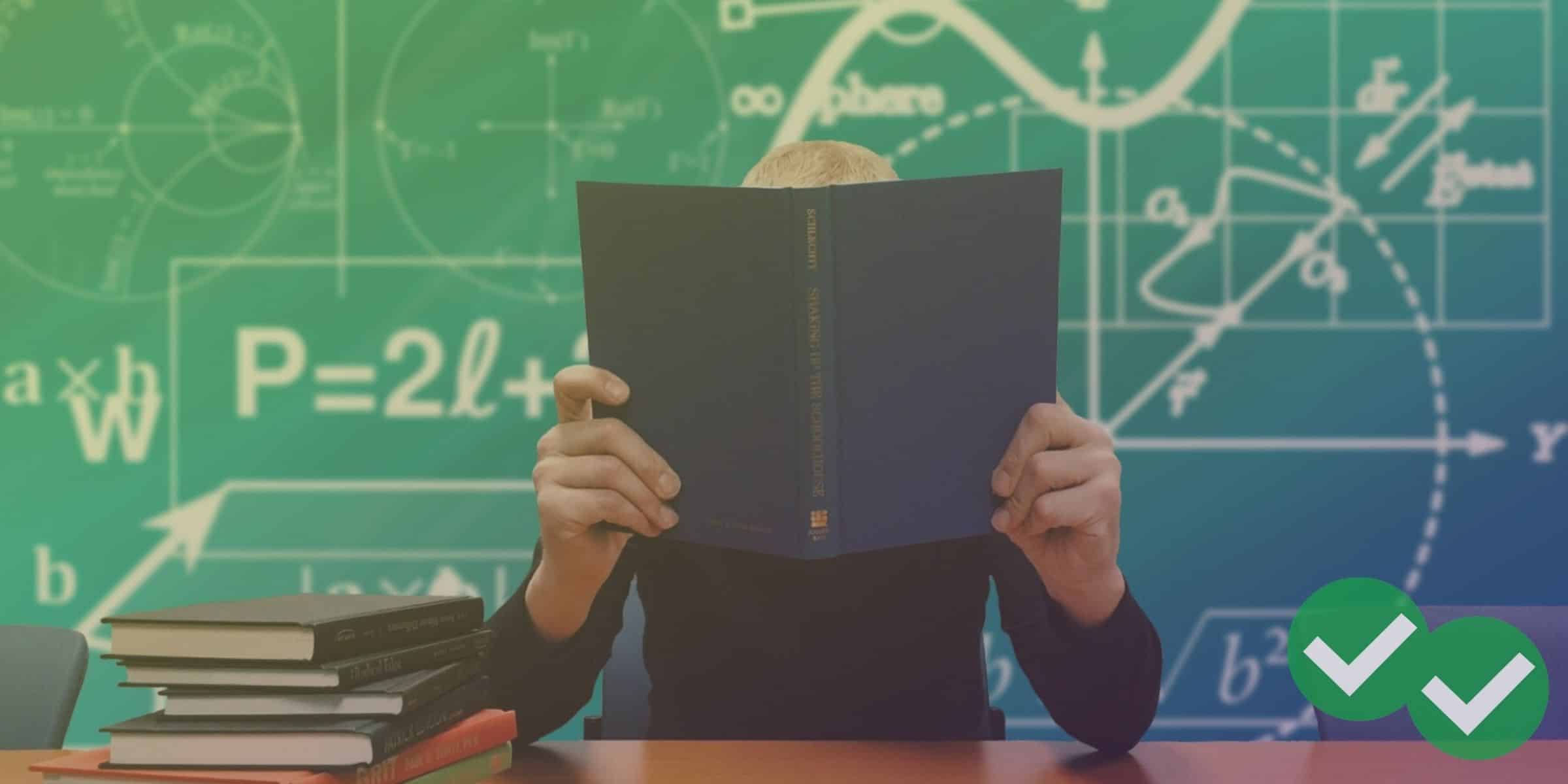 Person holding book that covers their face while sitting in front of blackboard full of math problems, representing SAT math problem solving and data analysis - image by Magoosh