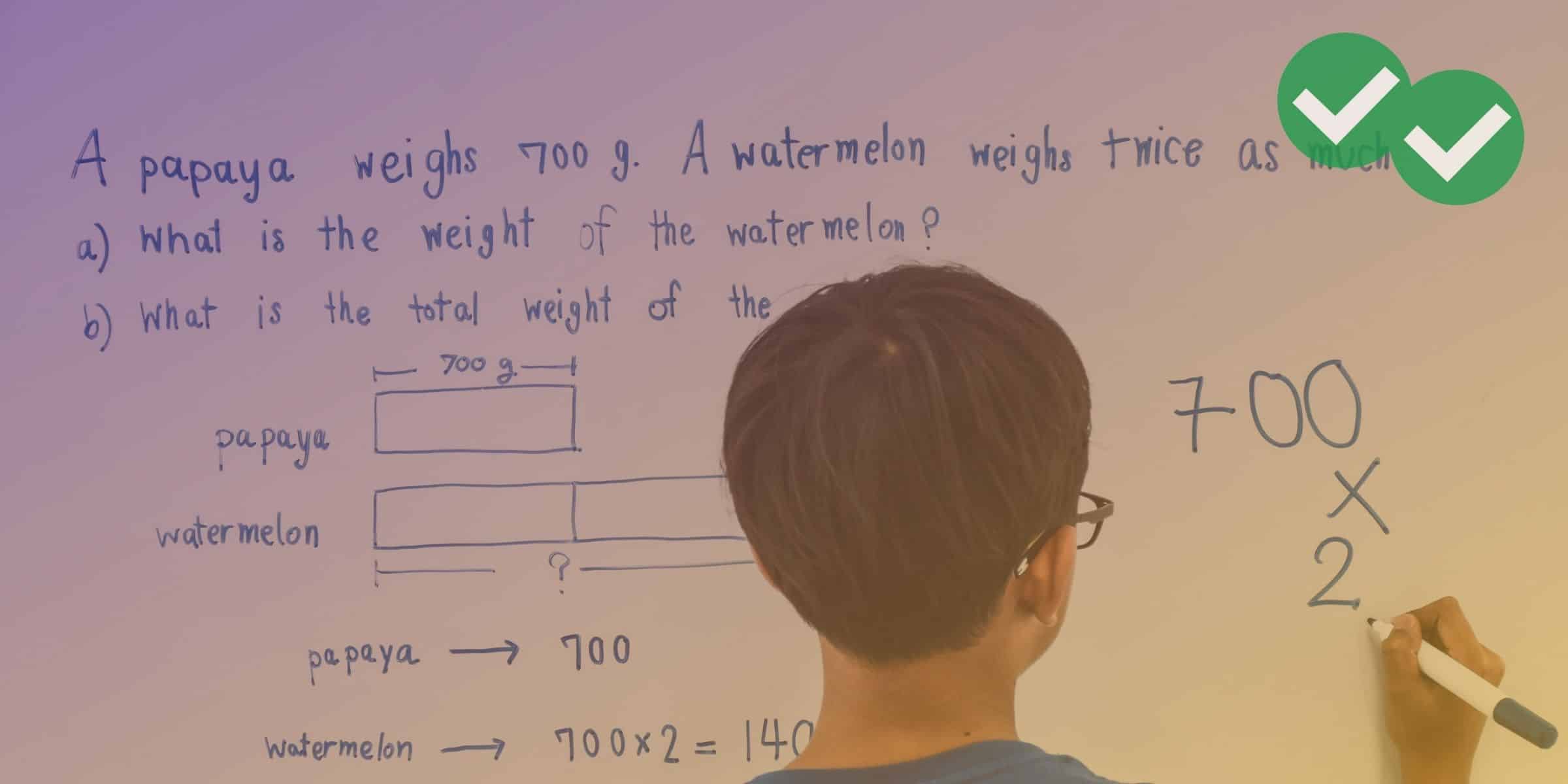 a student working through a word problem at a white board -magoosh
