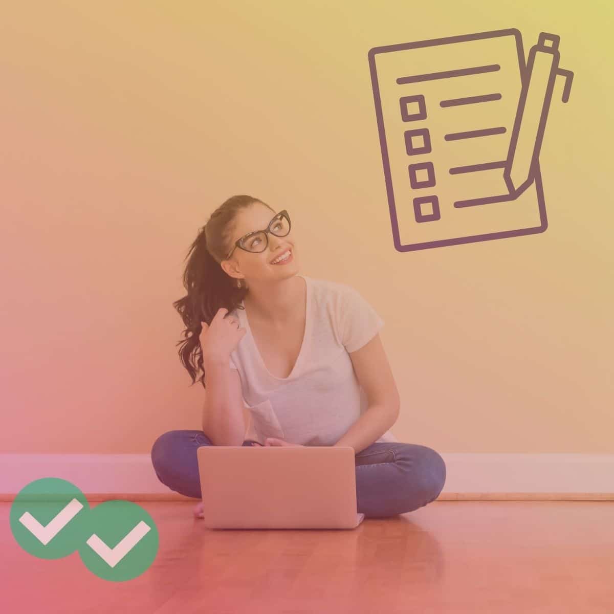 Woman sitting on floor with laptop looks to thepurple checklist and pencil above her representing LSAT Prep Checklist - image by Magoosh