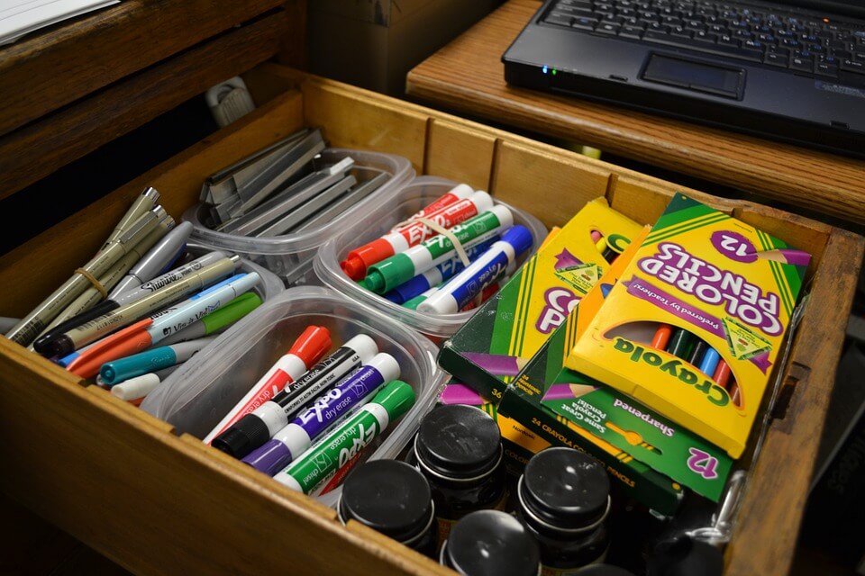 Some of the supplies that teachers need on hand include extra dry erase markers, pens, and colored pencils. 