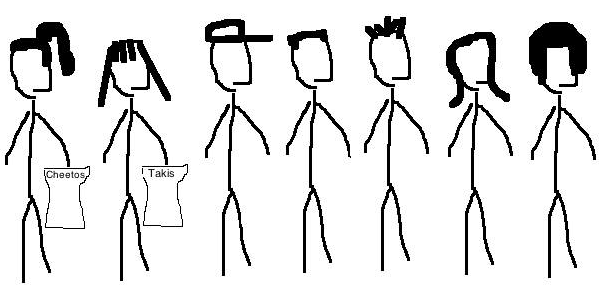 seven stick figures with two holding a bag of takis and cheetos chips to illustrate the above sat word problem - image by Magoosh