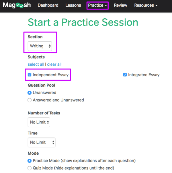 screen shot of custom practice software for Magoosh TOEFL writing topics
